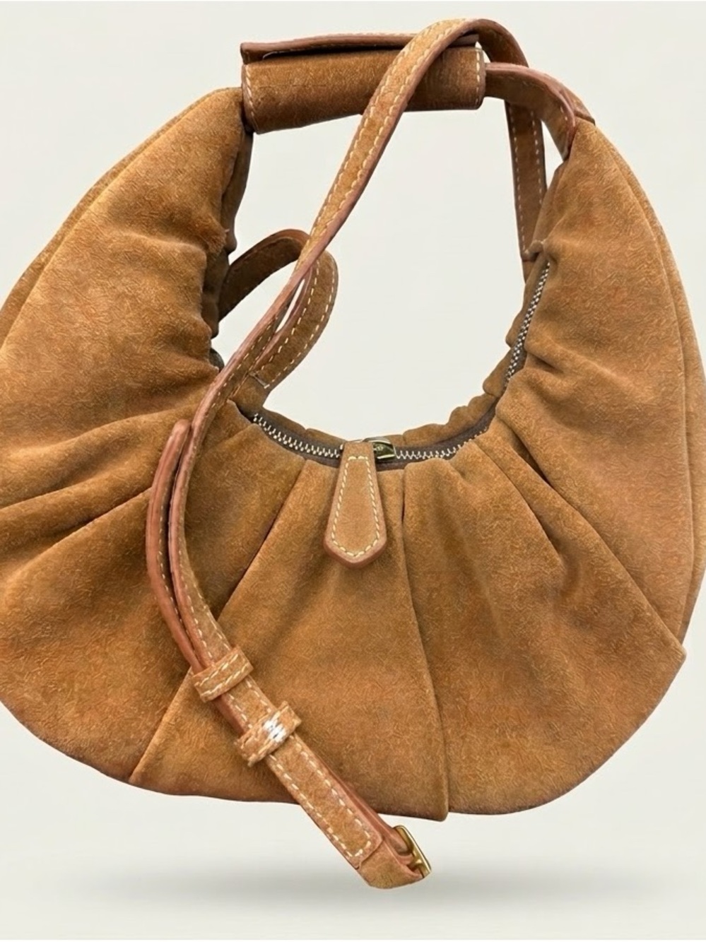 STAUD Cognac Suede Crescent Shoulder Bag with Leather Trim